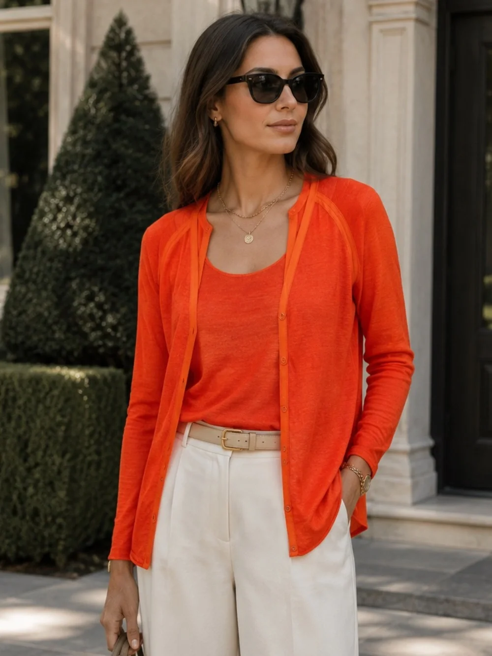 LAFAYETTE 148 NEW YORK Vibrant Luxury Linen Blend Orange Knit Set, M and XL
